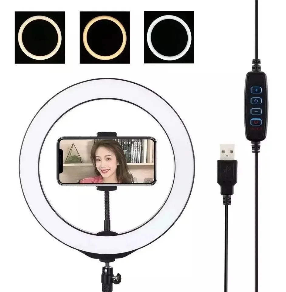 Anillo Aro Luz Led Fotografía 26 Cm + Trípode Ajustable Estructura Negro Luz Blanco frío