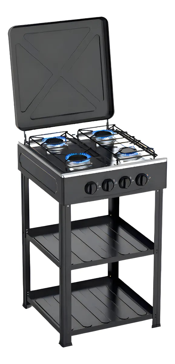 Cocina Encimera A Gas 4 Quemadores Con Repisas Color Negro 4 Patas Con Tapa Superior Boko Alta Calidad