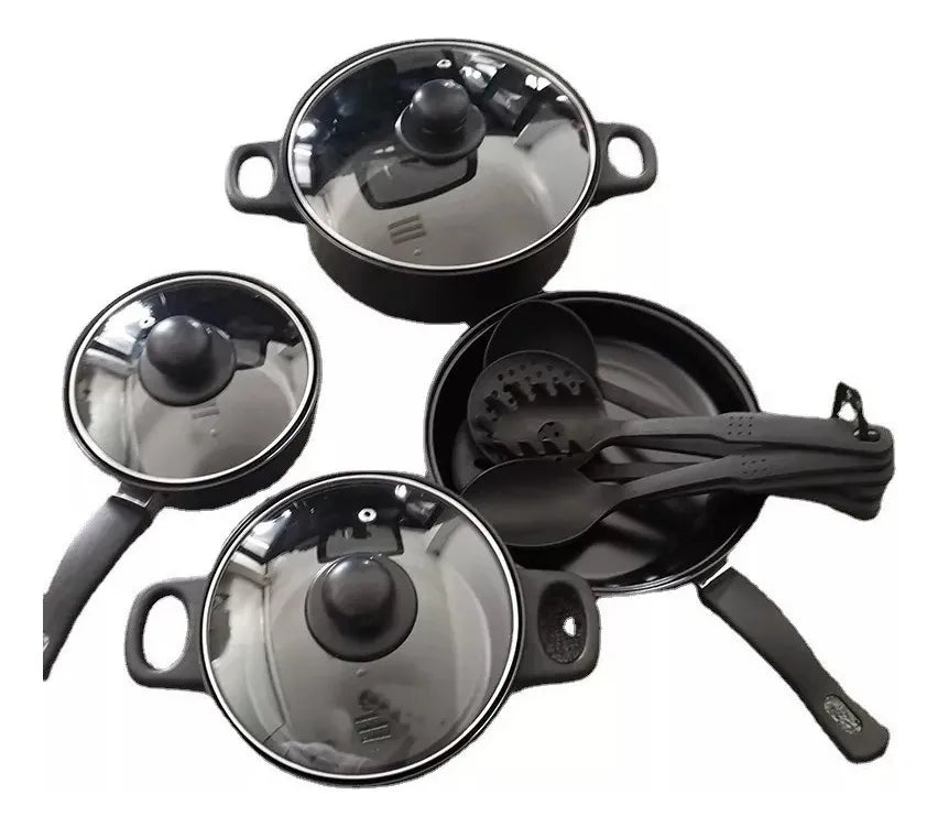 Juego De Ollas Antiadherente Mas Utensilios 13 Pcs Negro