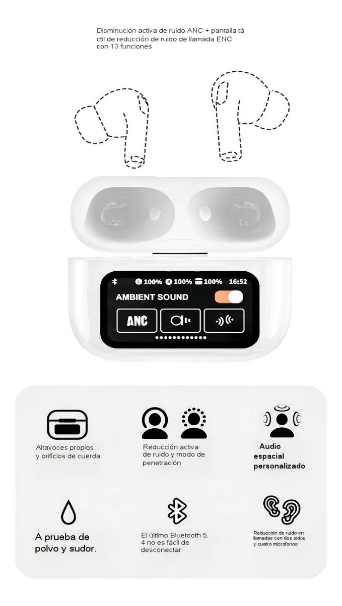 Auriculares Bluetooth A9pro Cancelación Ruido Lcd Táctil Color Blanco