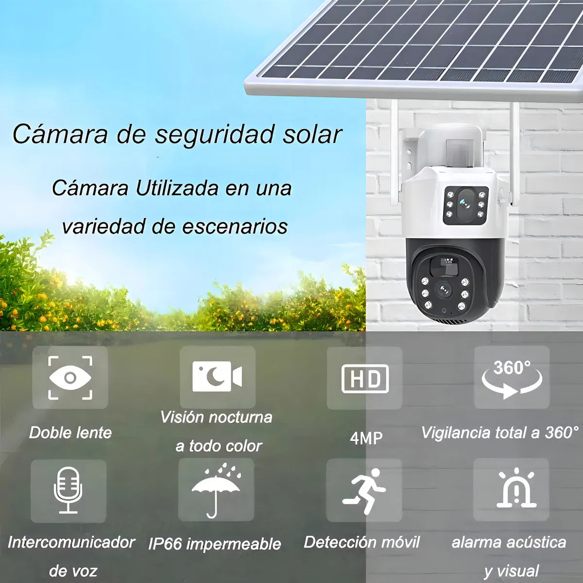 Cámara Solar 360° Exterior Wifi Inalámbrica Doble Lente 4mp