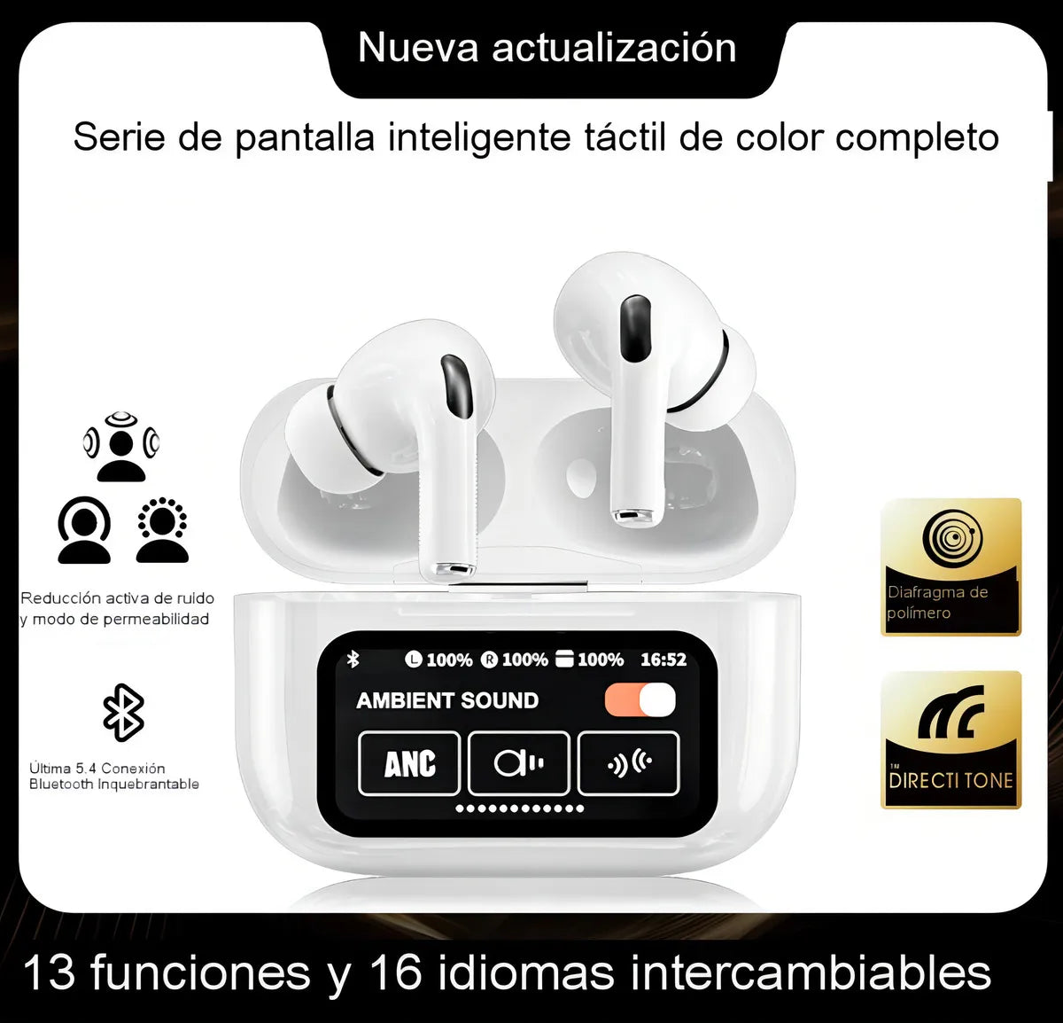 Auriculares Bluetooth A9pro Cancelación Ruido Lcd Táctil Color Blanco