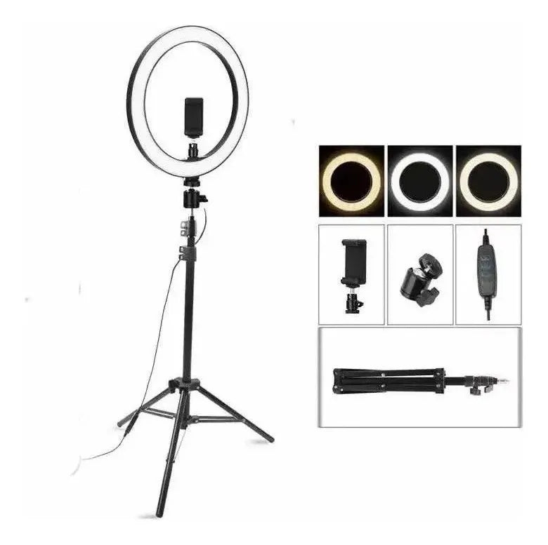 Anillo Aro Luz Led Fotografía 26 Cm + Trípode Ajustable Estructura Negro Luz Blanco frío