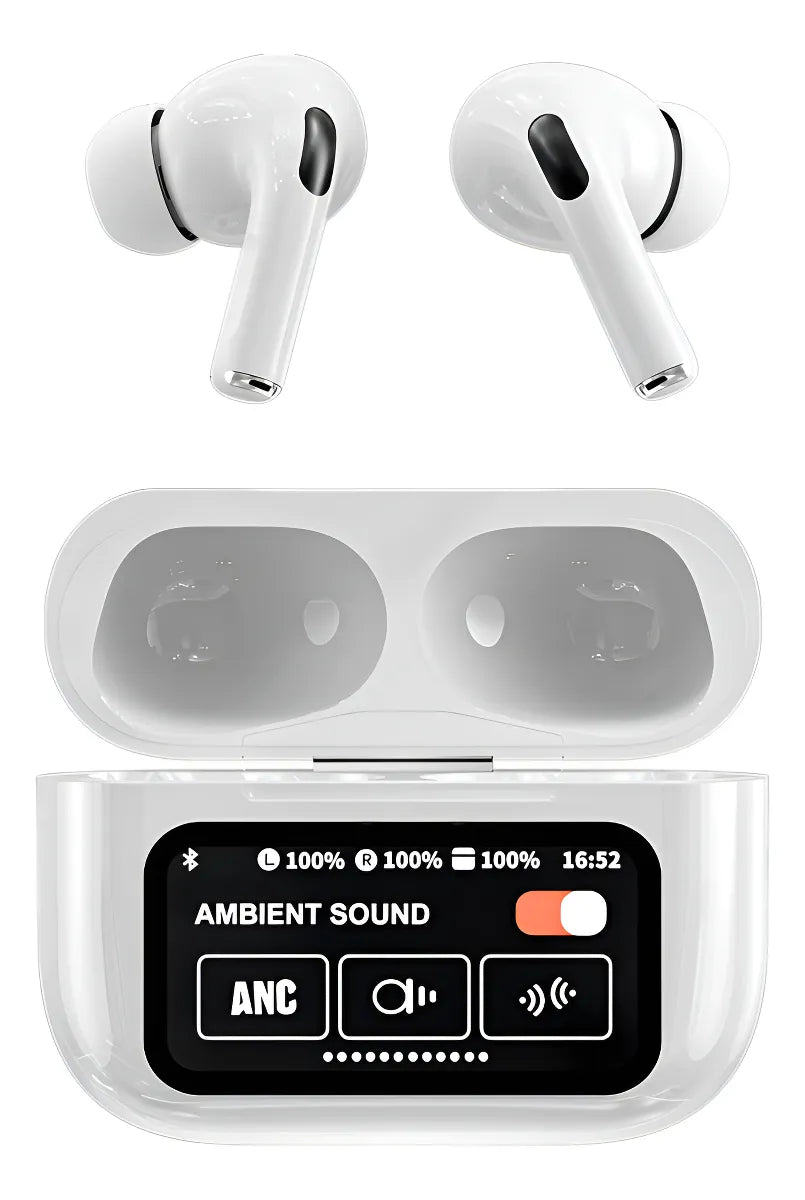 Auriculares Bluetooth A9pro Cancelación Ruido Lcd Táctil Color Blanco