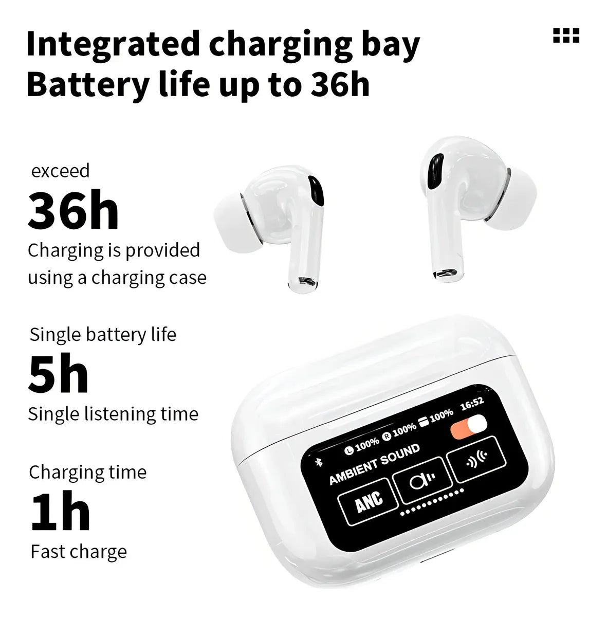 Auriculares Bluetooth A9pro Cancelación Ruido Lcd Táctil Color Blanco