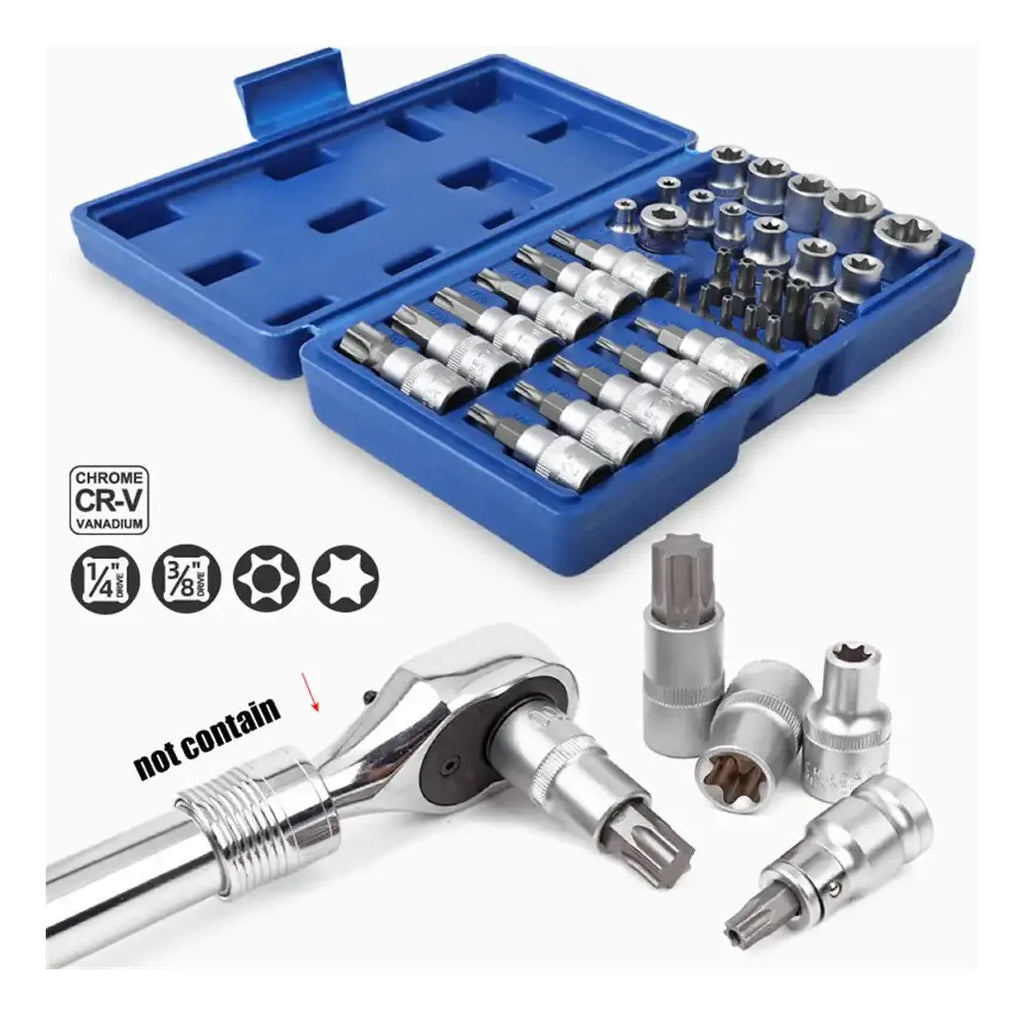 Juego Dados Torx Estrella 3/8 Hembra Macho 34 Pcs Crownman Acero Material Herramienta Resistente