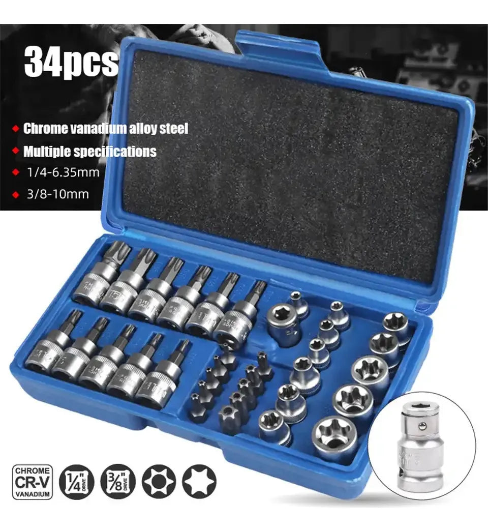 Juego Dados Torx Estrella 3/8 Hembra Macho 34 Pcs Crownman Acero Material Herramienta Resistente