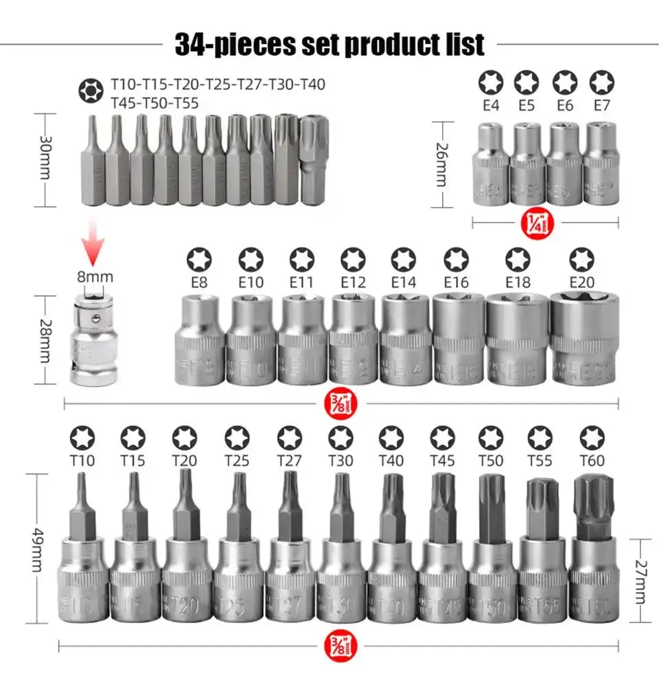Juego Dados Torx Estrella 3/8 Hembra Macho 34 Pcs Crownman Acero Material Herramienta Resistente